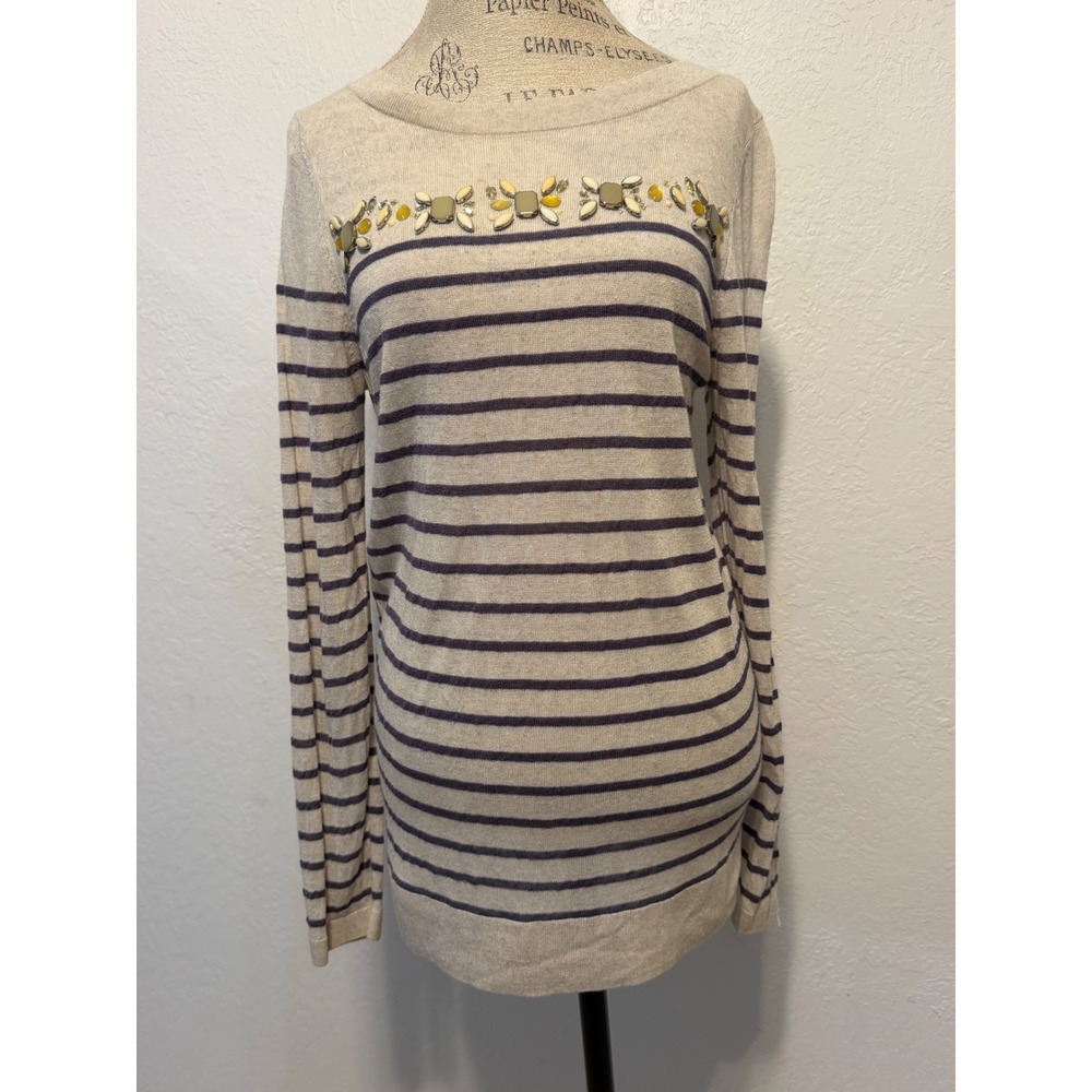 Ann Taylor LOFT Beige Blue Striped Beaded Floral Boat Neck Sweater Large
